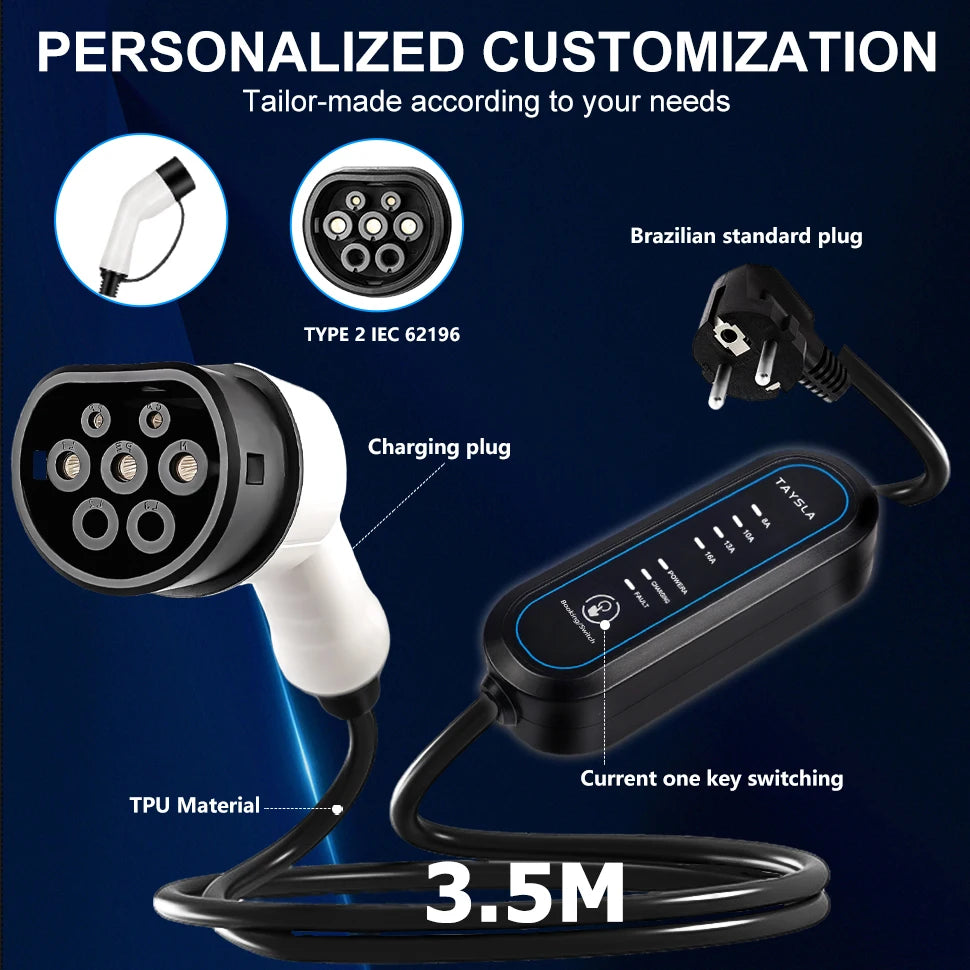 Cable cargador TAYSLA EV – Tipo 2, 16A, 3.5kW para vehículos eléctricos