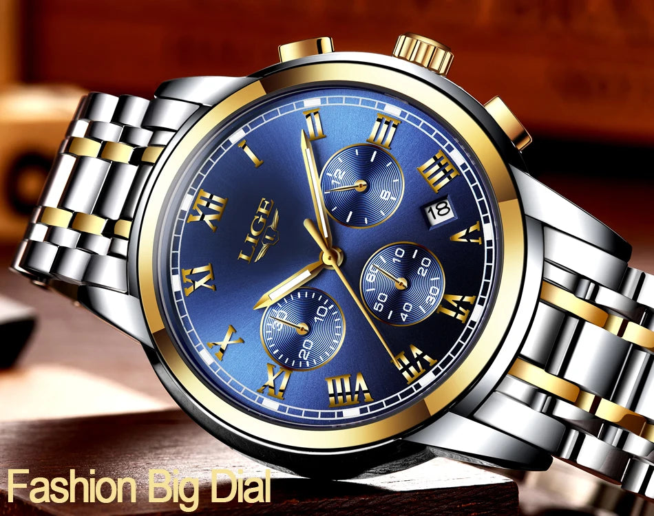 Reloj LIGE para hombre – cronógrafo deportivo de lujo, resistente al agua y acero inoxidable