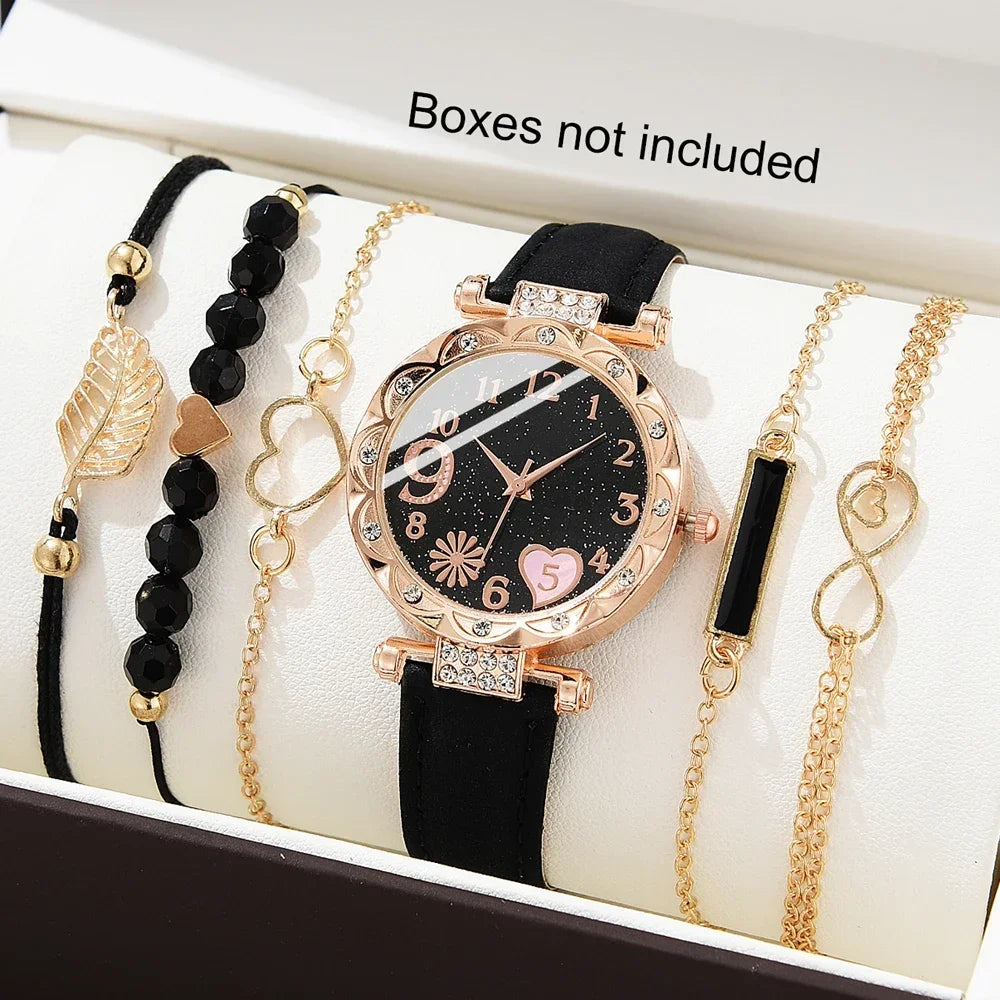Set de relojes analógicos de cuero para mujer – 6 piezas de moda con cuarzo