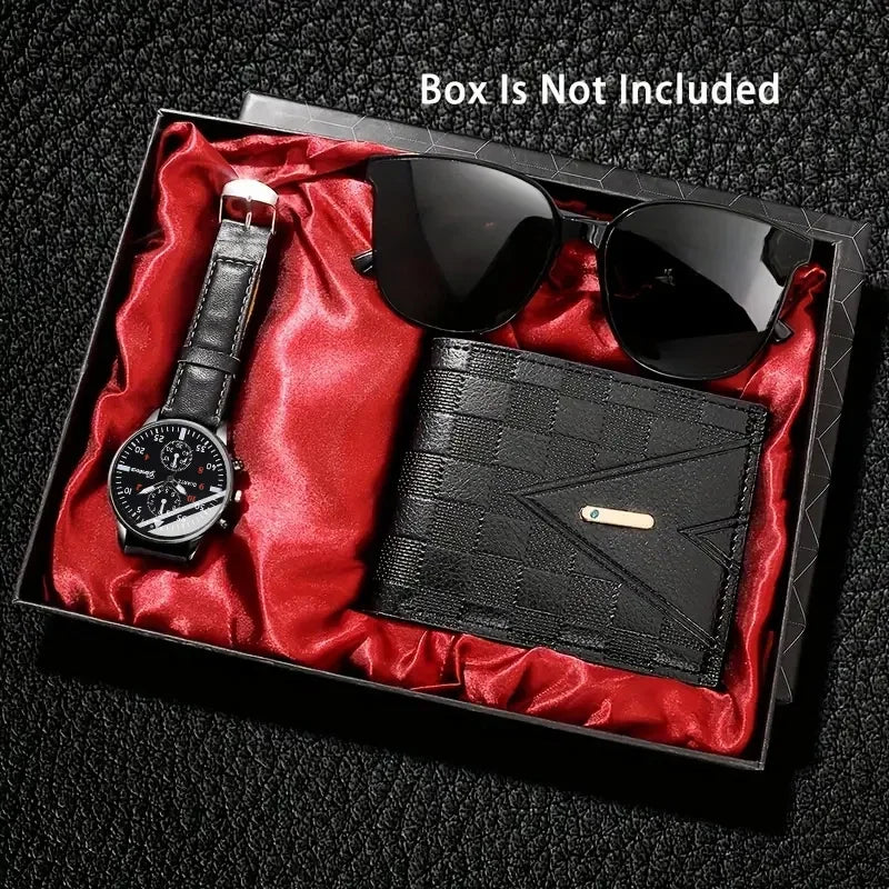 Set masculino 3 piezas – reloj de cuarzo, gafas de sol elegantes y cartera casual
