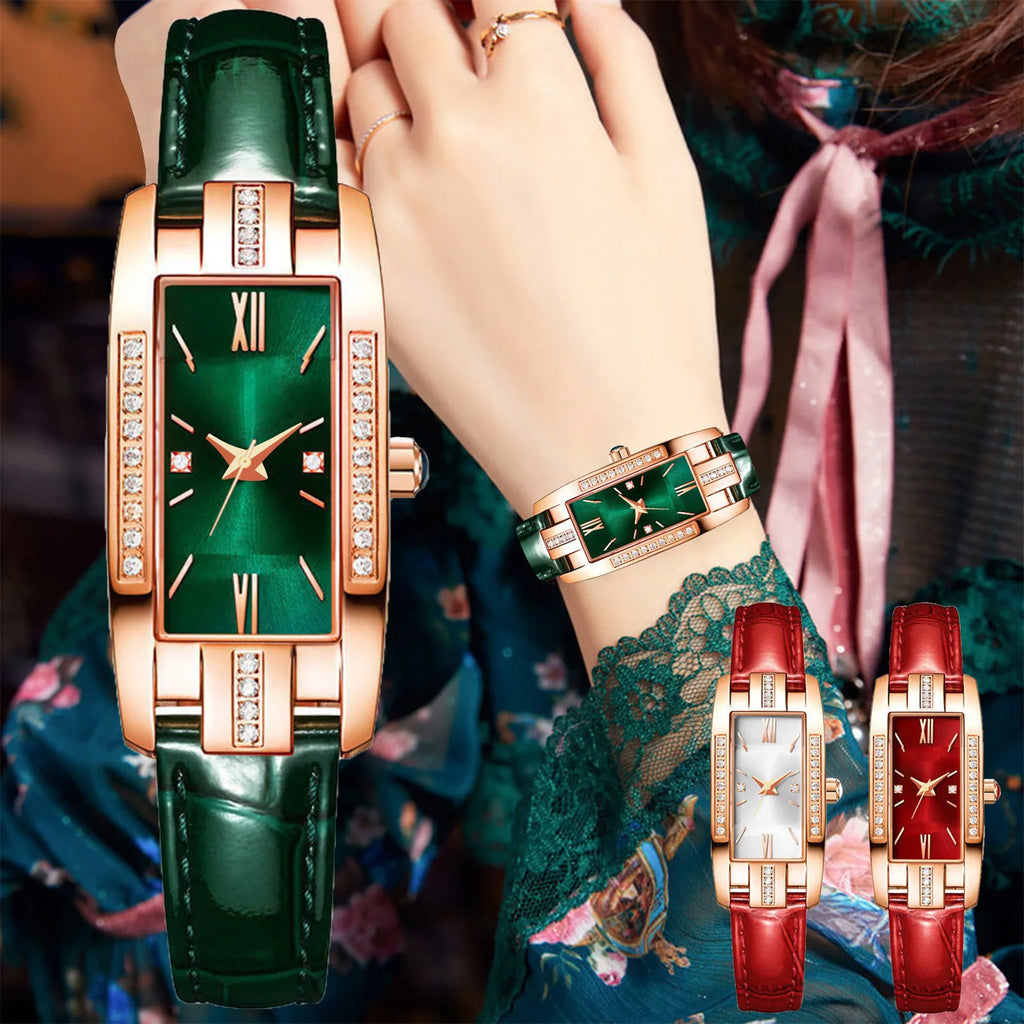 Reloj mujer lujo – diseño rectangular pequeño con cristales verdes y correa de cuero