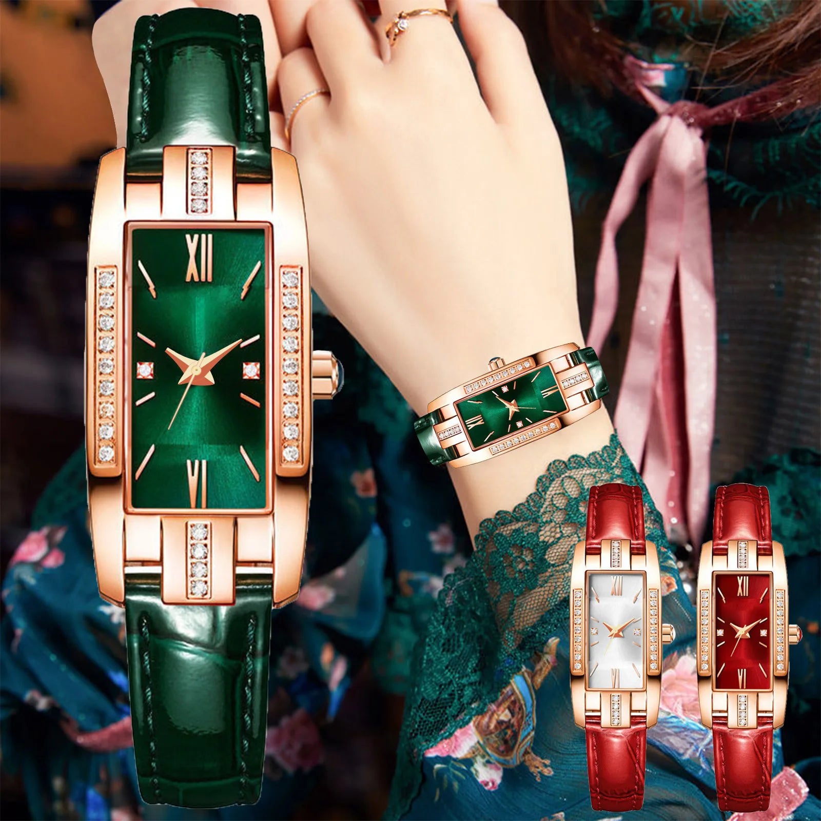 Reloj mujer lujo – diseño rectangular pequeño con cristales verdes y correa de cuero