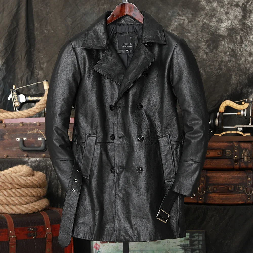 Campera de cuero natural para hombre – estilo casual, doble botonadura y solapa