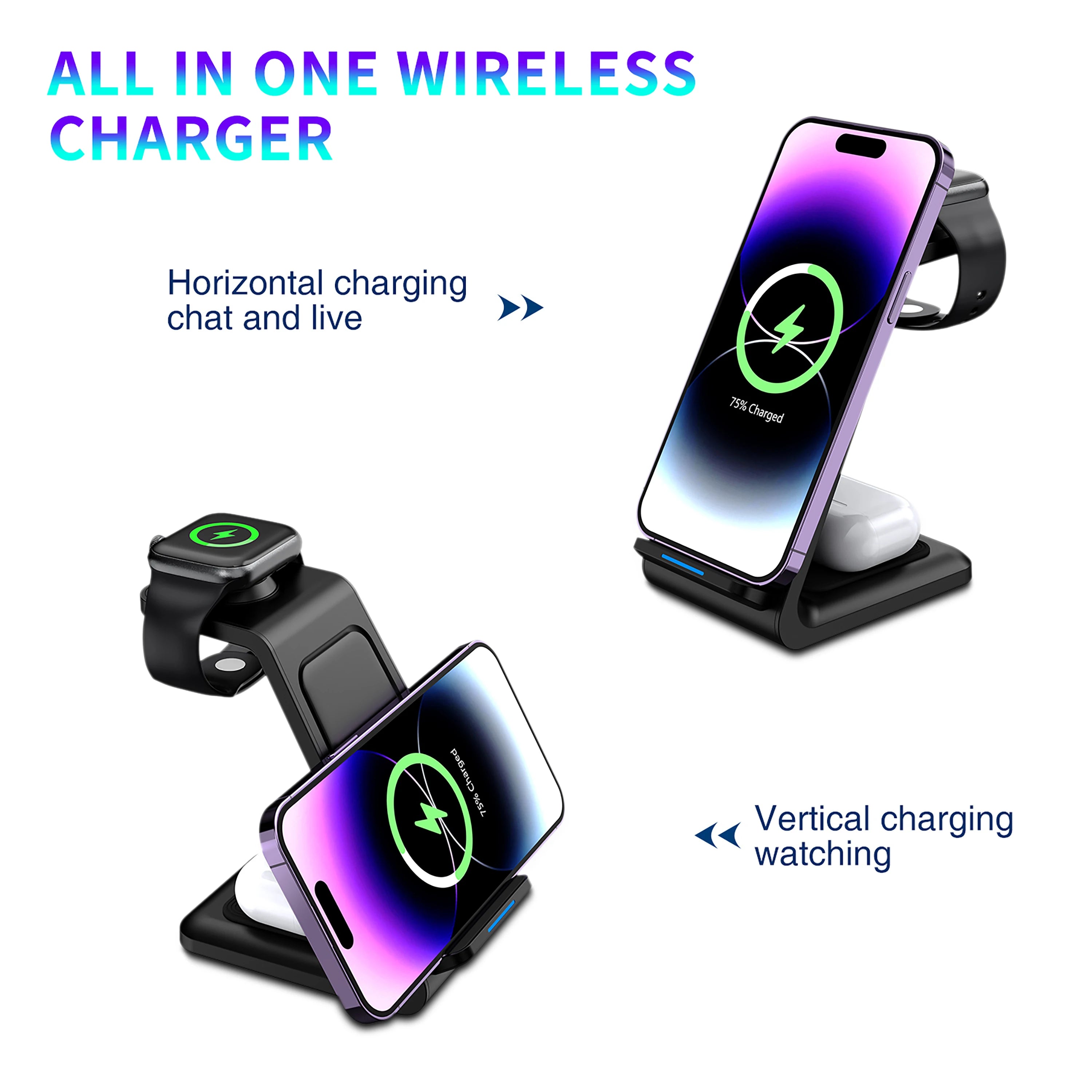 Estación de carga inalámbrica 3 en 1 – soporte para múltiples dispositivos iPhone 12 a 17 Pro Max