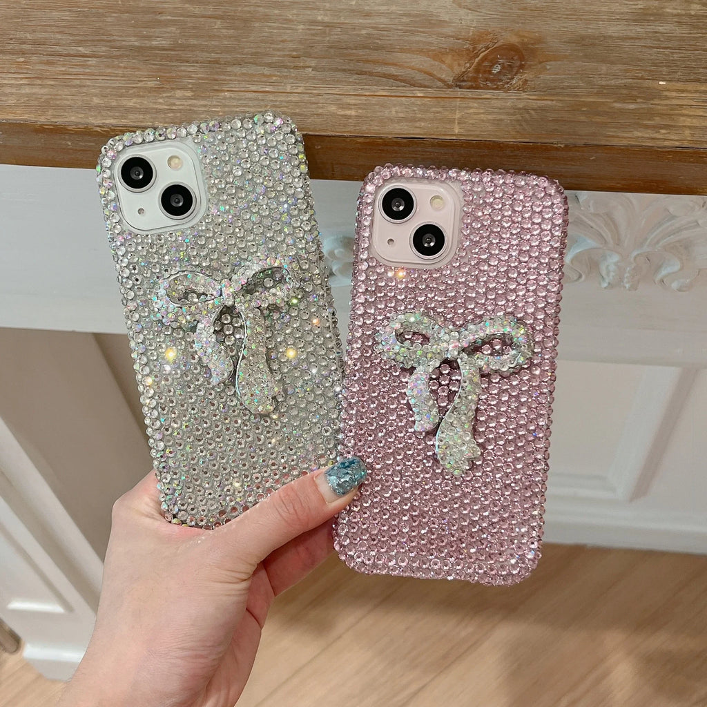 Funda full diamond con lazo para iPhone – protección brillante y adorable