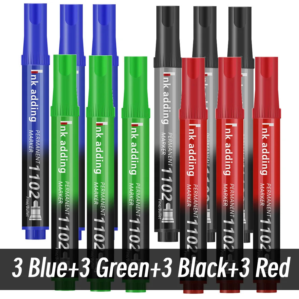 Set marcador permanente 2mm – tinta roja, azul y negra, punta fina y rápido secado