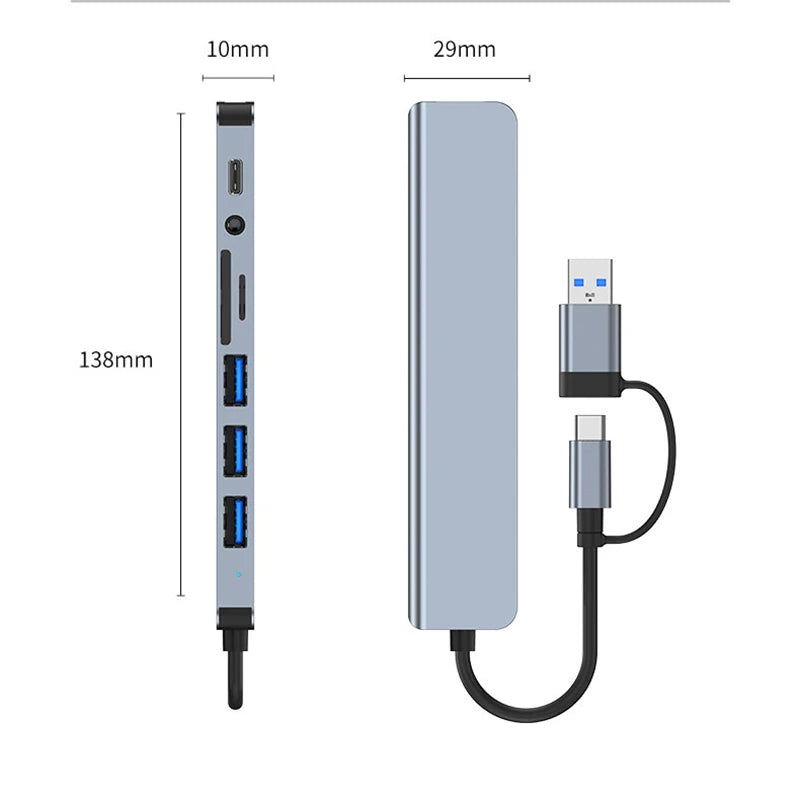 Adaptador Hub USB-C 8 en 1 para Laptop, Tablet y Celular
