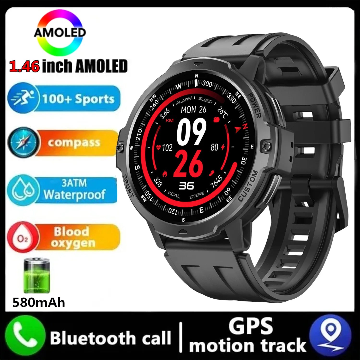 Smartwatch GPS 1.46'' – pantalla AMOLED, brújula, altímetro y batería 580mAh