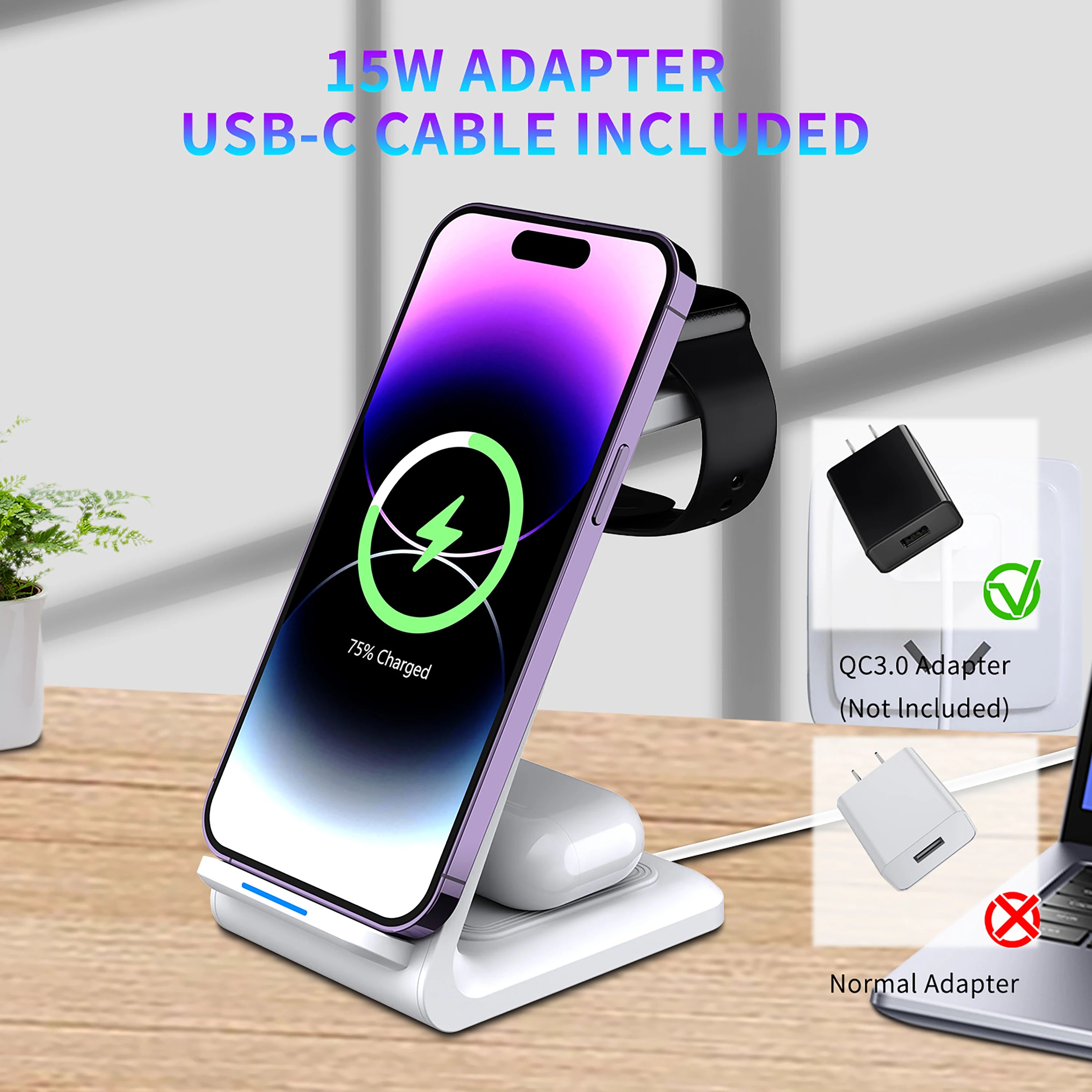 Estación de carga inalámbrica 3 en 1 – soporte para múltiples dispositivos iPhone 12 a 17 Pro Max