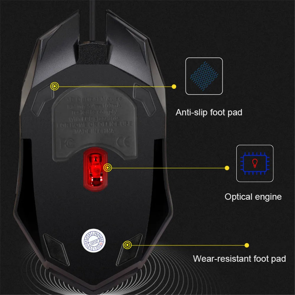 Mouse gaming USB con cable – LED colorido, 5000 DPI y óptico para PC y laptop