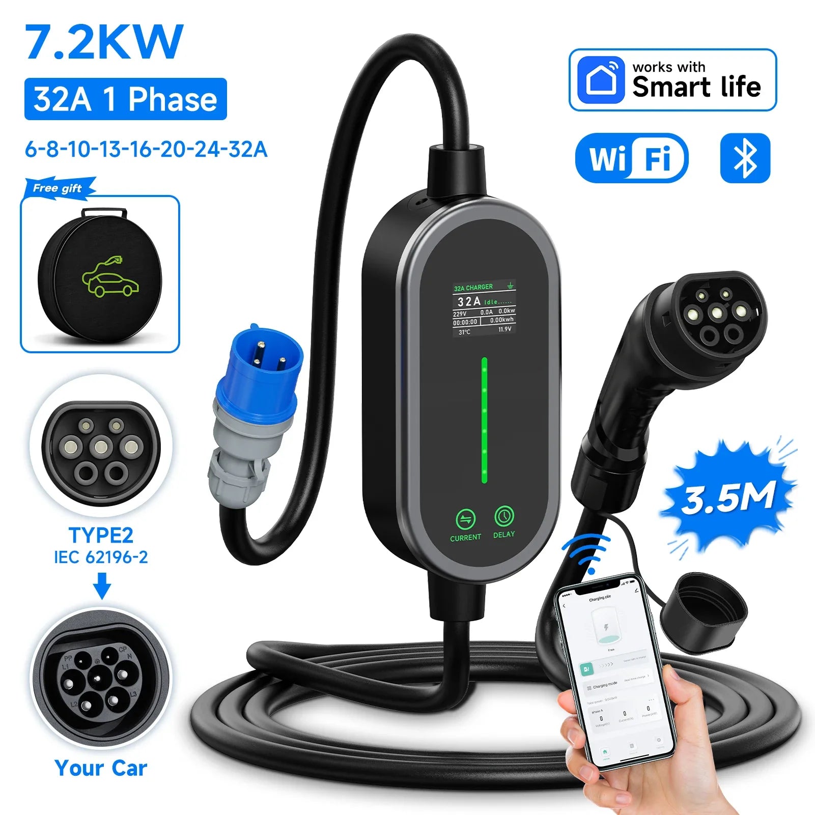 Cargador portátil AFEEV 7.2KW 32A – Tipo 2/Tipo 1 con control WiFi y Bluetooth