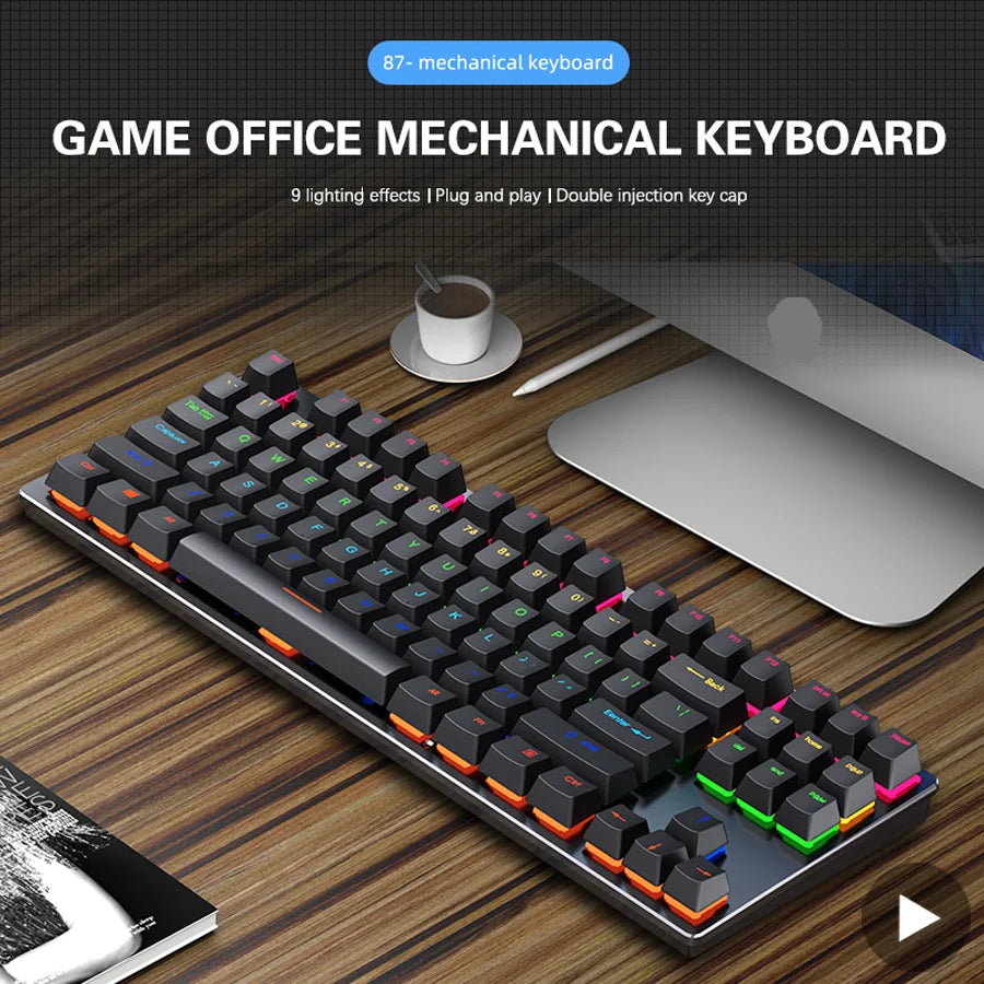 Teclado mecánico gamer retroiluminado – USB, compacto y ergonómico