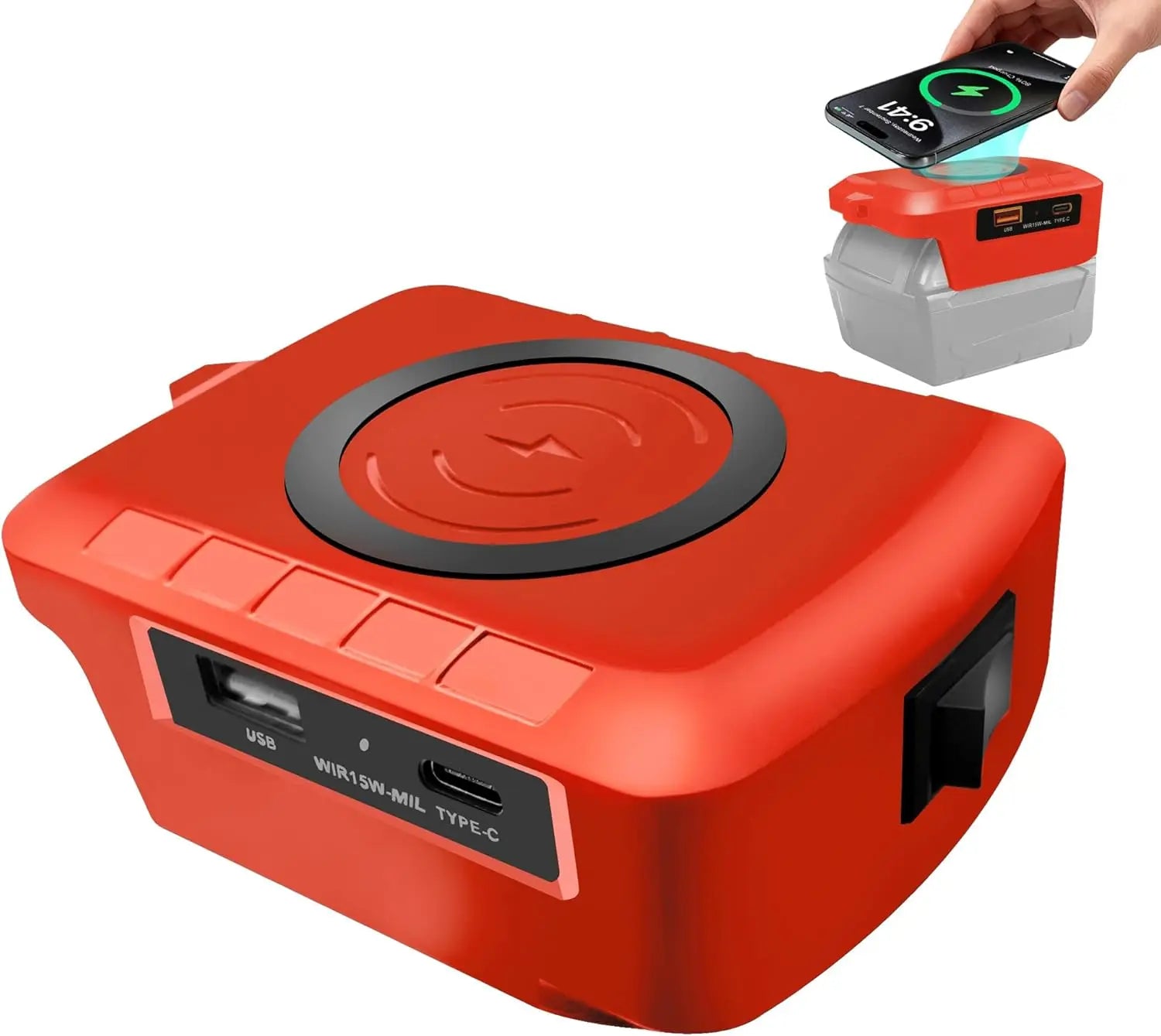 Cargador inalámbrico para batería Milwaukee 18V – adaptador con salida USB y Type-C