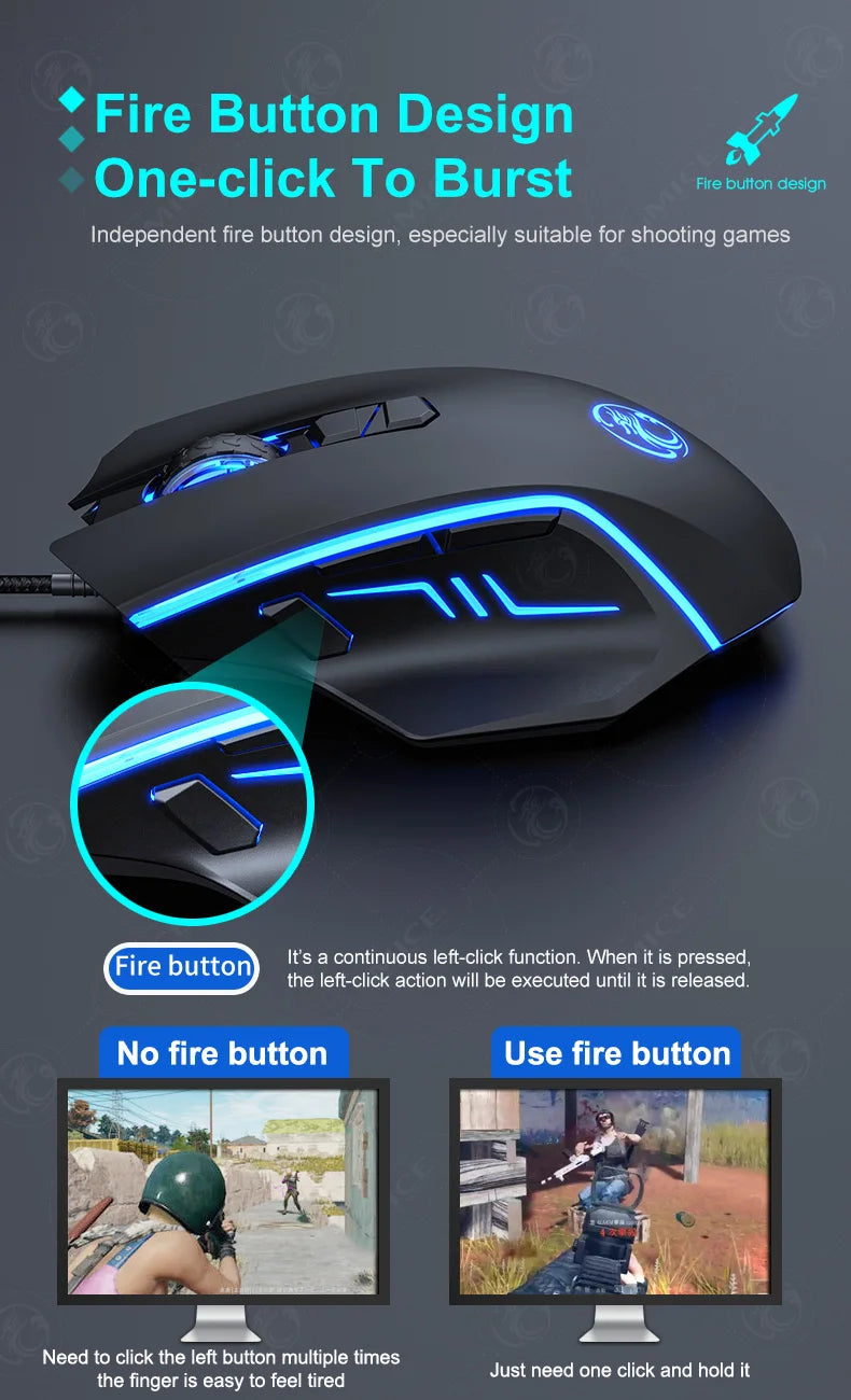 Mouse gaming con cable – retroiluminación y DPI ajustable 2400-7200
