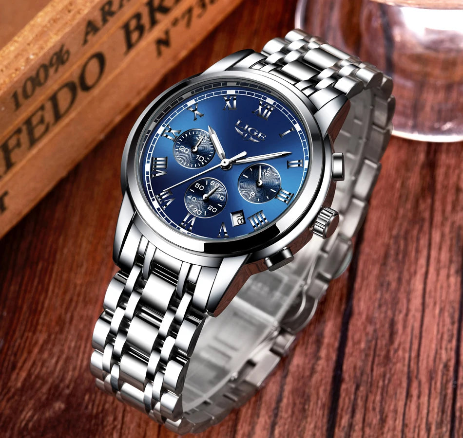 Reloj LIGE para hombre – cronógrafo deportivo de lujo, resistente al agua y acero inoxidable