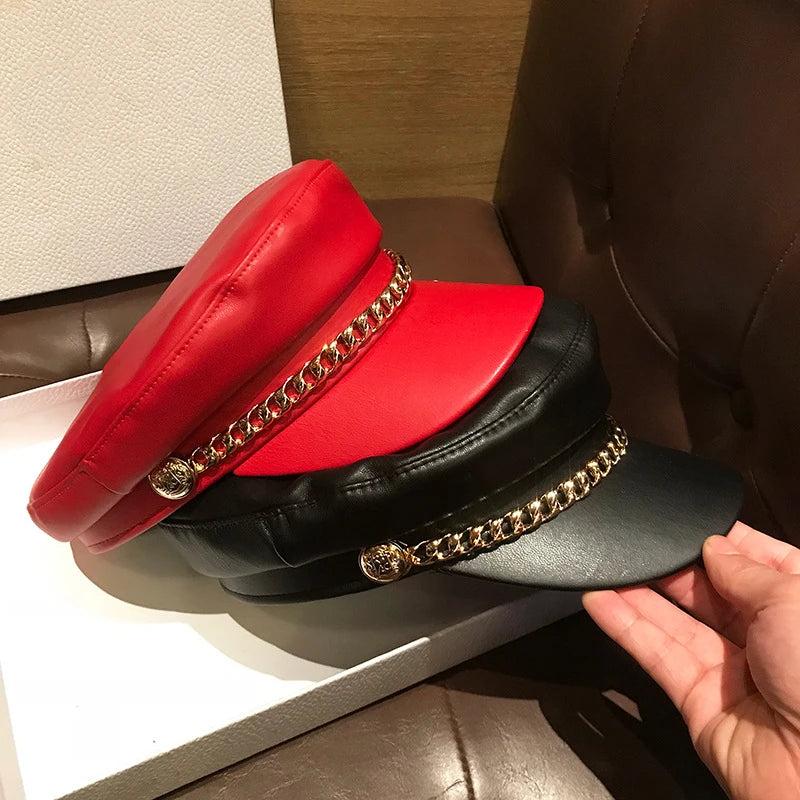 Boina unisex estilo militar – sombrero de invierno con cadena de cuero