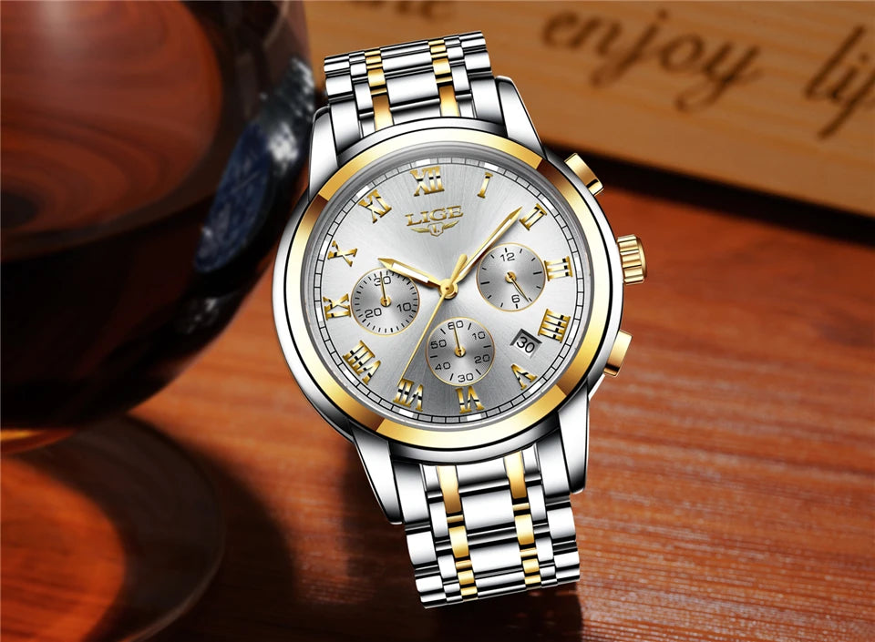 Reloj LIGE para hombre – cronógrafo deportivo de lujo, resistente al agua y acero inoxidable