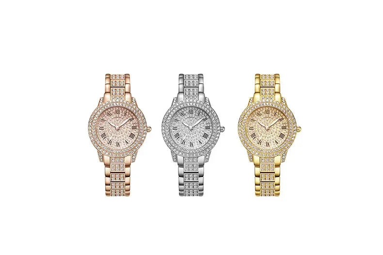 Reloj mujer clásico de lujo – esfera redonda con cristales y correa de aleación dorada