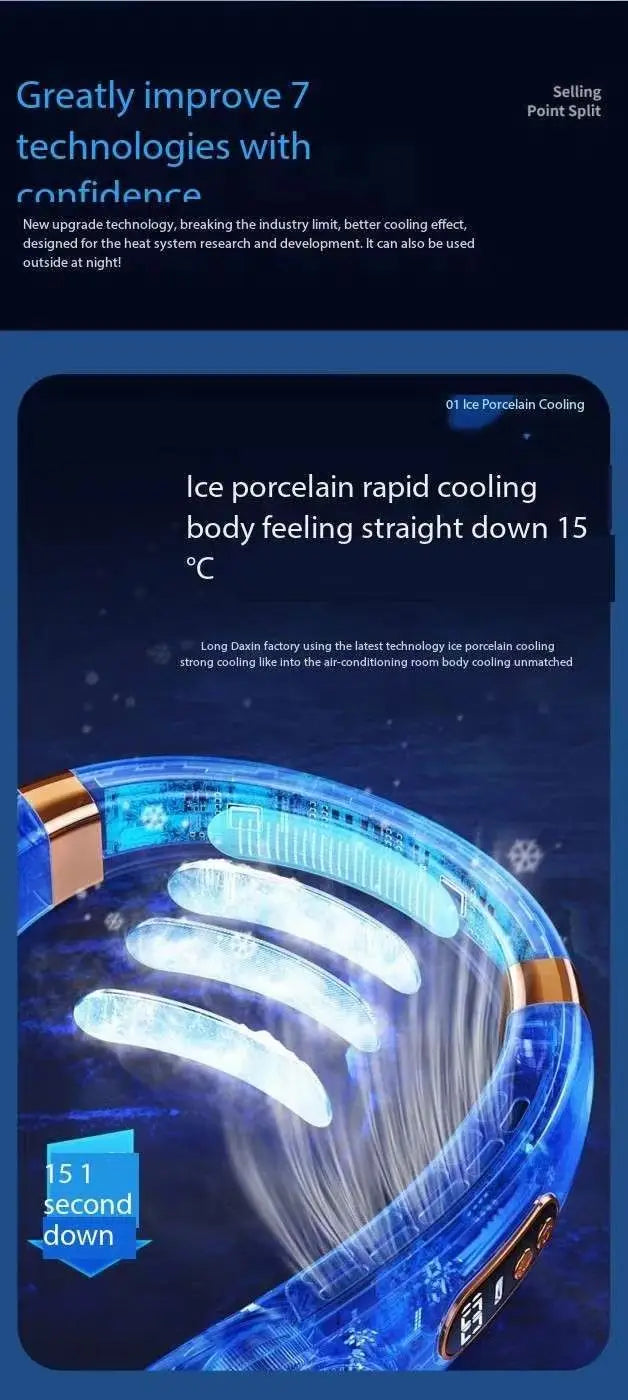 Ventilador Portátil de Cuello Sin Aspas - Pantalla LED Digital con Luces RGB y Enfriamiento Cerámico