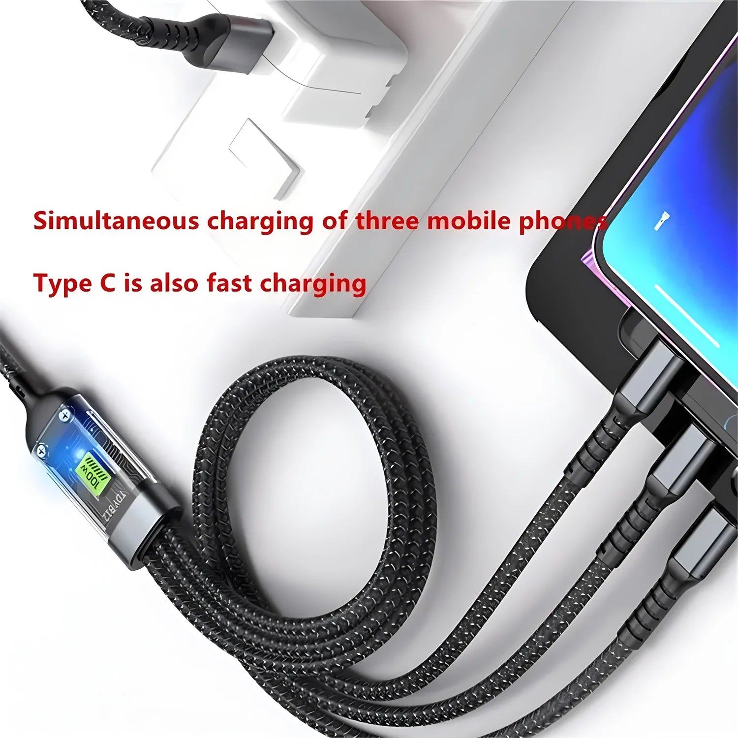 Cable cargador rápido 100W – nylon trenzado 3 en 1 con USB tipo C y micro USB