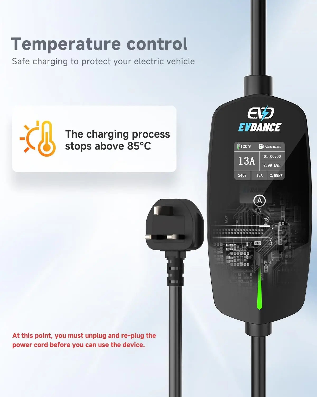 Cargador portátil EVDANCE EV – Tipo 2, enchufe UK 13A y 2.99KW ajustable