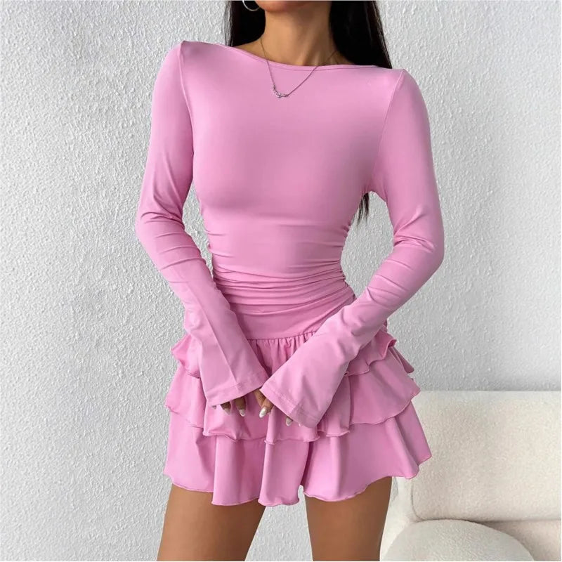Vestido mini mujer – bodycon francés elegante con plisado y manga larga