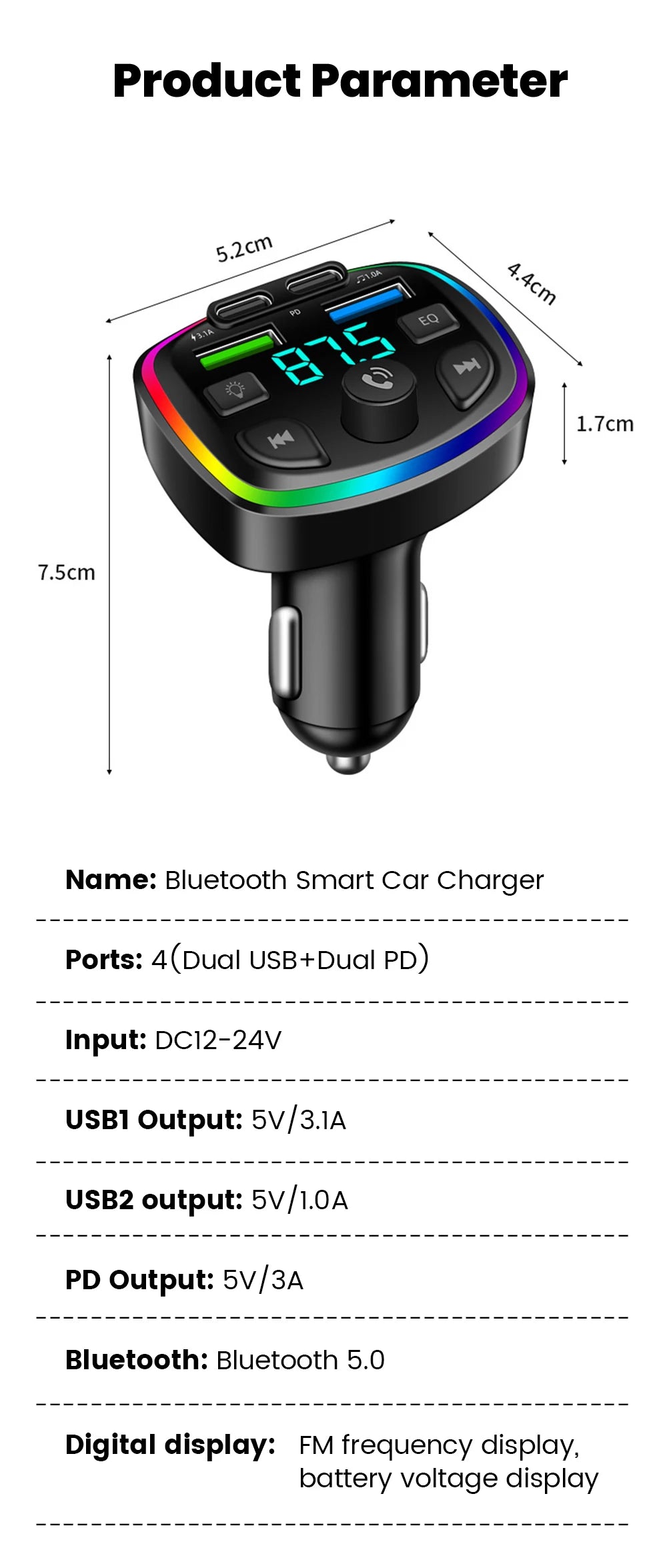 Cargador de auto inalámbrico con transmisor FM – manos libres, Bluetooth y doble puerto USB