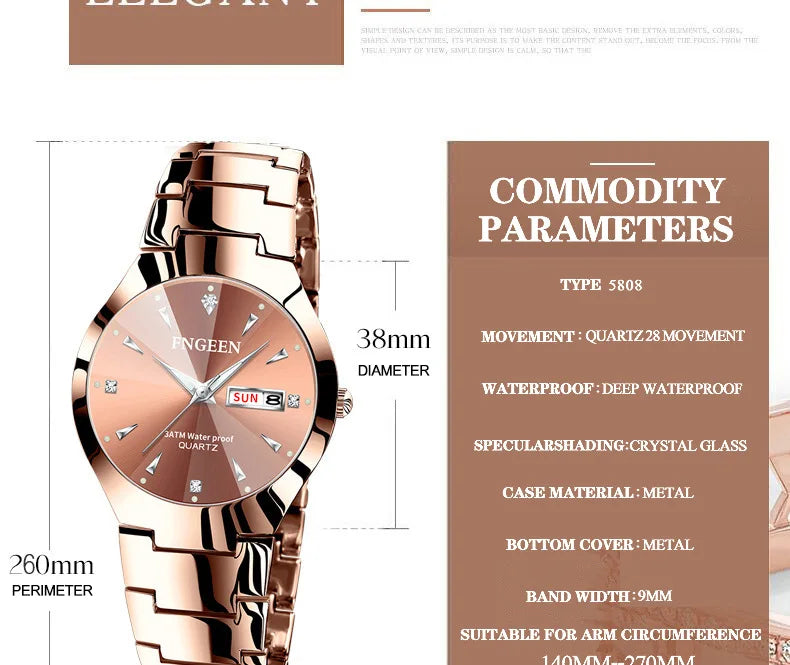 Set de relojes FNGEEN 5808 para parejas – cuarzo, lujo y resistente al agua