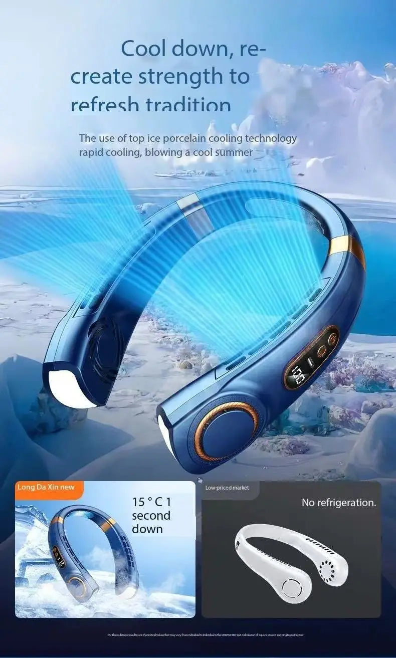 Ventilador Portátil de Cuello Sin Aspas - Pantalla LED Digital con Luces RGB y Enfriamiento Cerámico