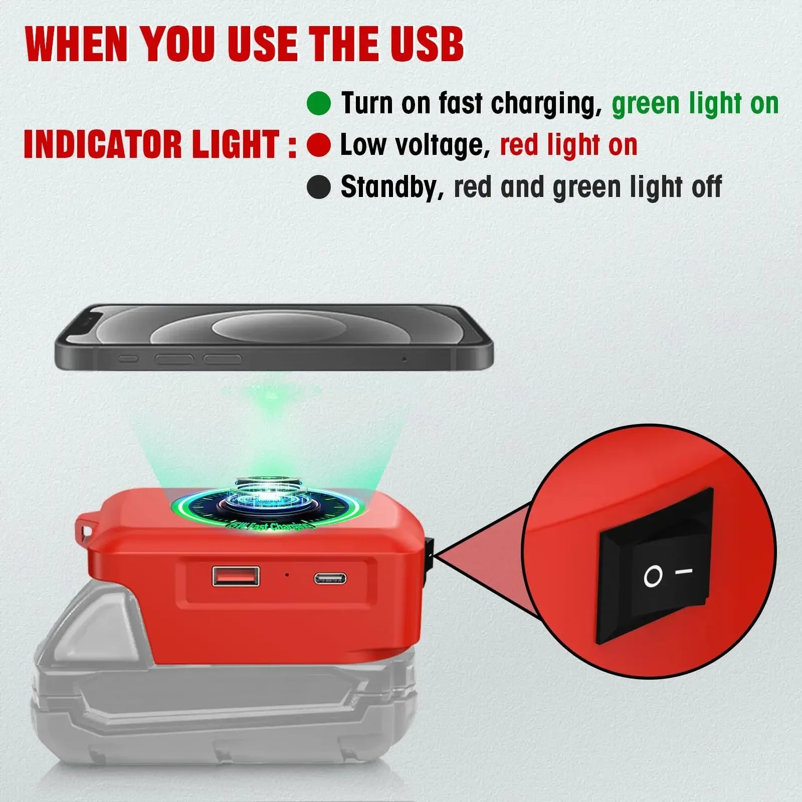 Cargador inalámbrico para batería Milwaukee 18V – adaptador con salida USB y Type-C