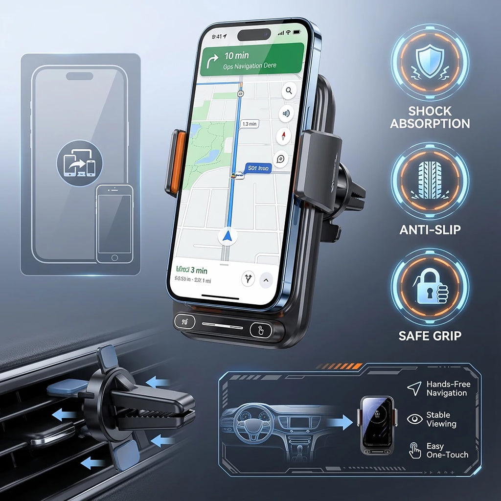Cargador y soporte para auto – inalámbrico 15W y con cable, rotación y sensor automático