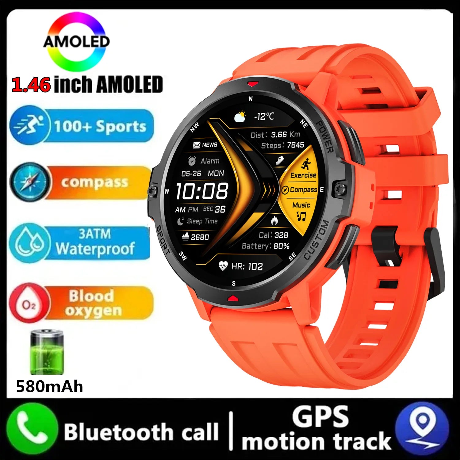 Smartwatch GPS 1.46'' – pantalla AMOLED, brújula, altímetro y batería 580mAh