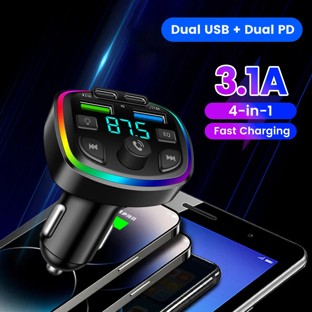 Cargador de auto inalámbrico con transmisor FM – manos libres, Bluetooth y doble puerto USB