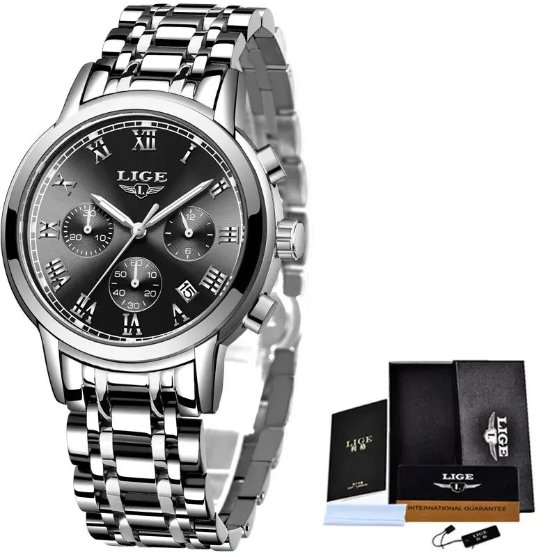 Reloj LIGE para hombre – cronógrafo deportivo de lujo, resistente al agua y acero inoxidable