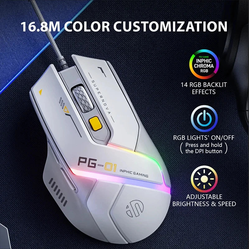 Mouse gaming Inphic PG1 con cable – iluminación RGB y diseño ergonómico
