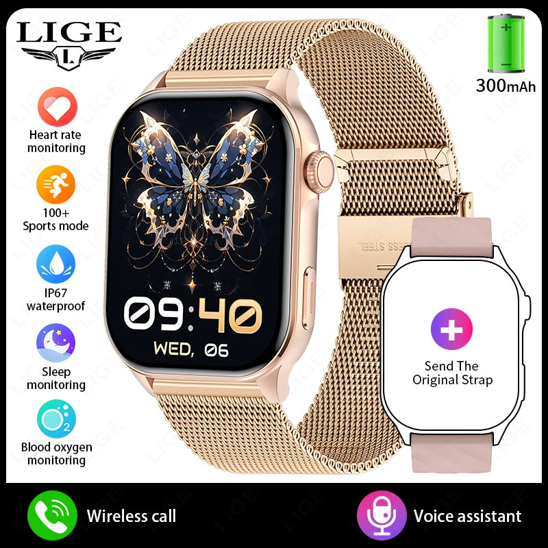 Smartwatch LIGE mujer – pantalla HD 2.01", monitor de salud y resistente al agua