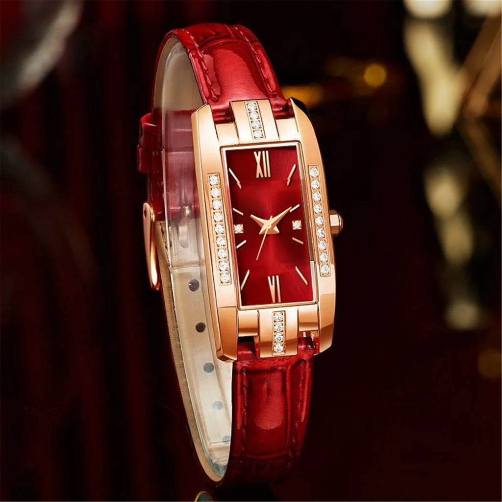 Reloj mujer lujo – diseño rectangular pequeño con cristales verdes y correa de cuero
