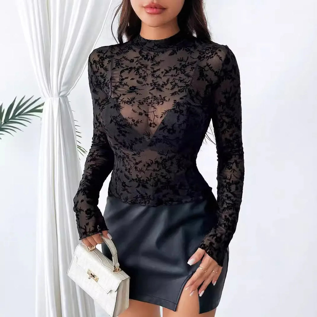 Remera mujer – sexy, manga larga con malla floral y cuello alto