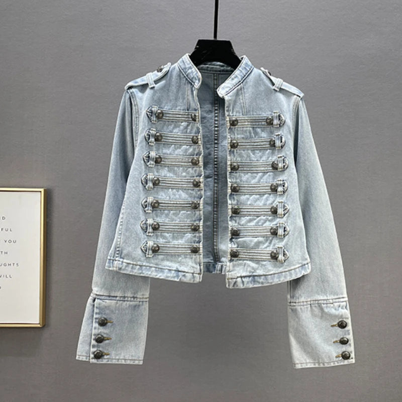 Abrigo de mezclilla vintage – doble botonadura, mangas largas y patchwork