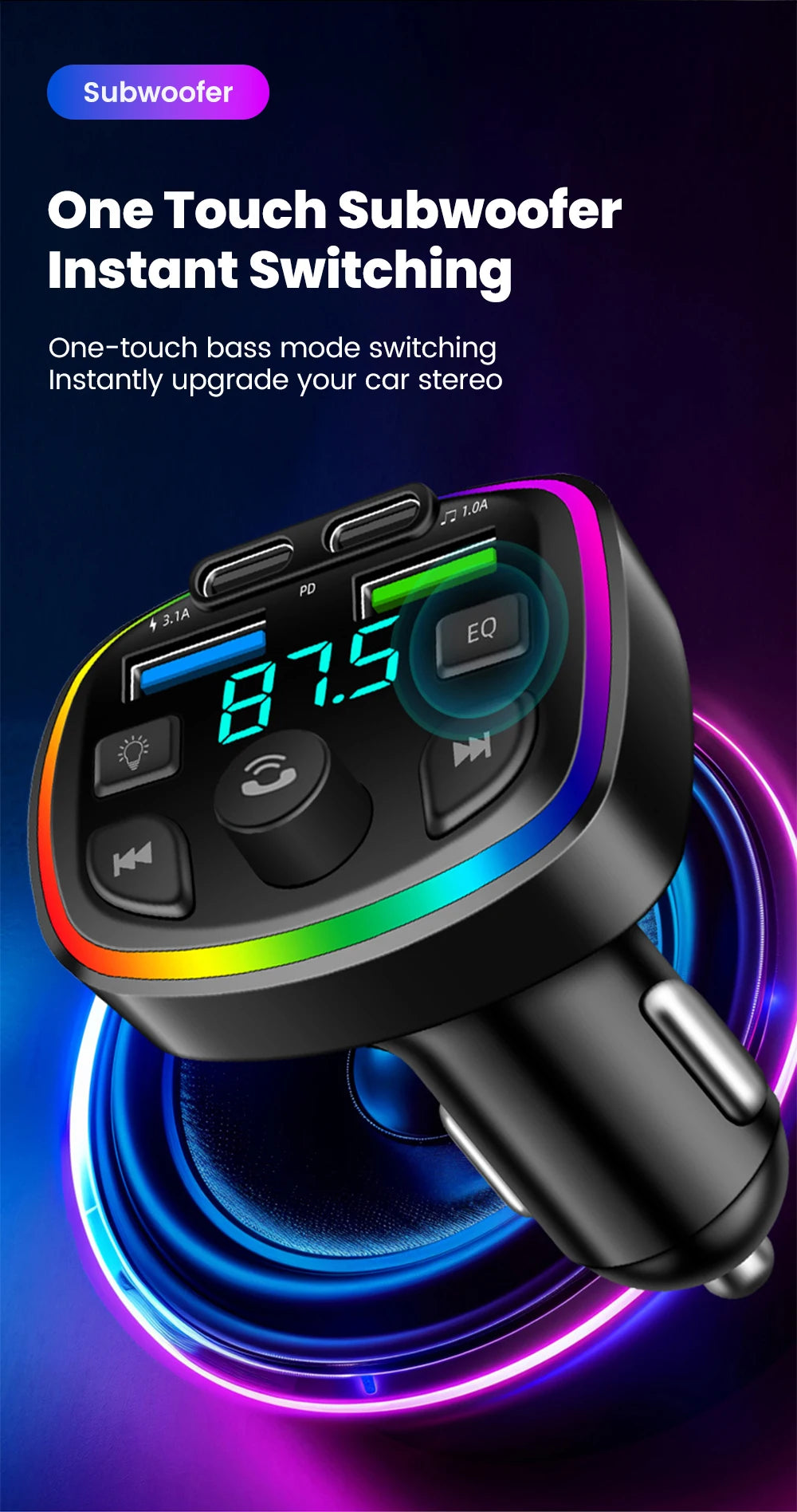Cargador de auto inalámbrico con transmisor FM – manos libres, Bluetooth y doble puerto USB
