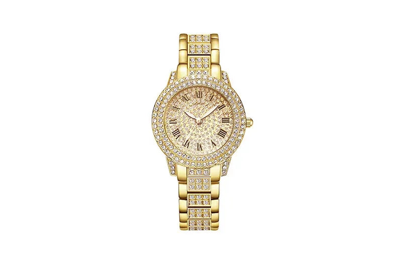 Reloj mujer clásico de lujo – esfera redonda con cristales y correa de aleación dorada