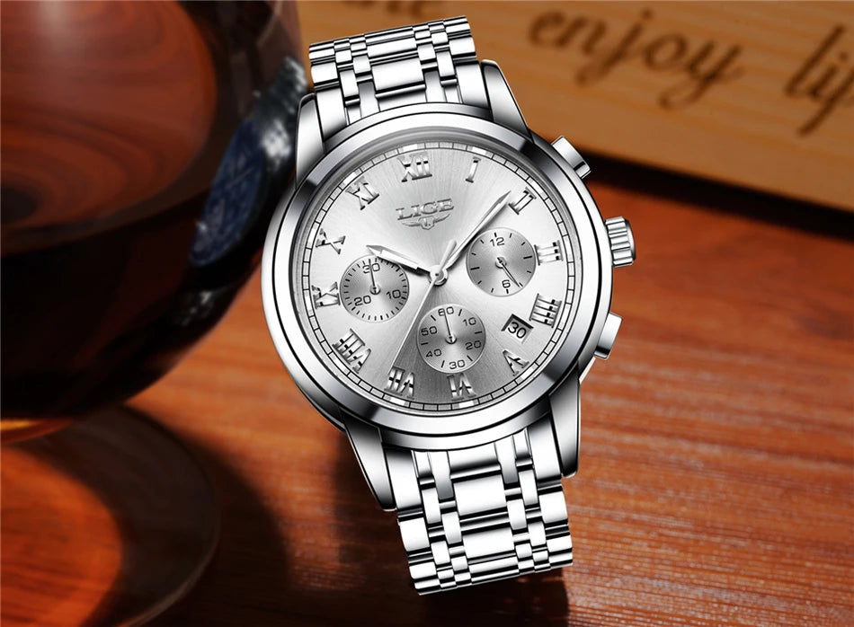 Reloj LIGE para hombre – cronógrafo deportivo de lujo, resistente al agua y acero inoxidable
