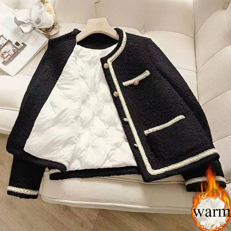 Chaqueta mujer invierno – tweed cálido, cuello redondo y cierre sencillo