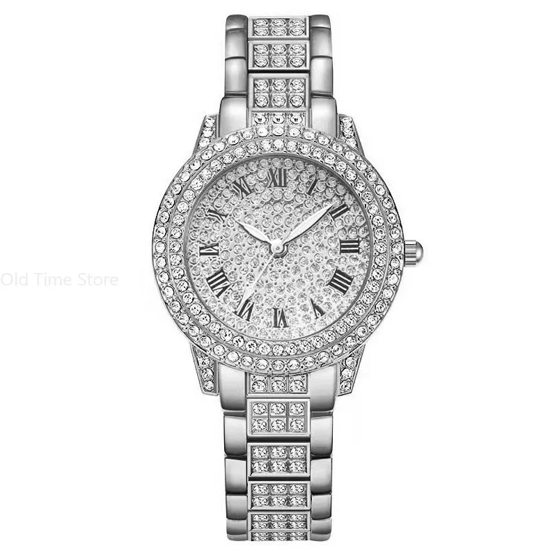 Reloj mujer clásico de lujo – esfera redonda con cristales y correa de aleación dorada
