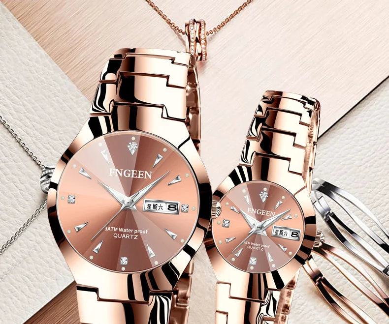 Set de relojes FNGEEN 5808 para parejas – cuarzo, lujo y resistente al agua