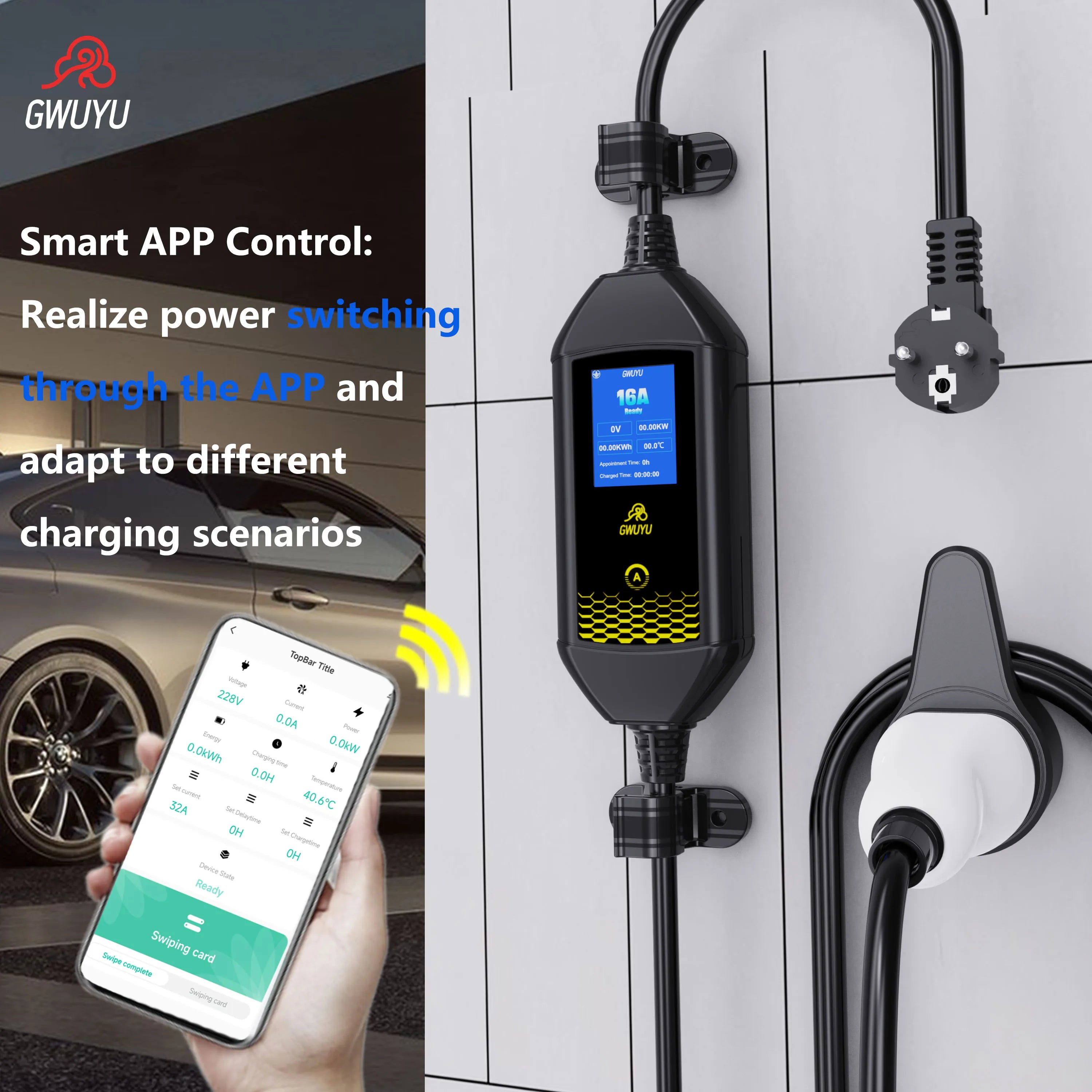 Cargador eléctrico portátil GWUYU 3500W – Tipo 2 con cable de 4M para EV