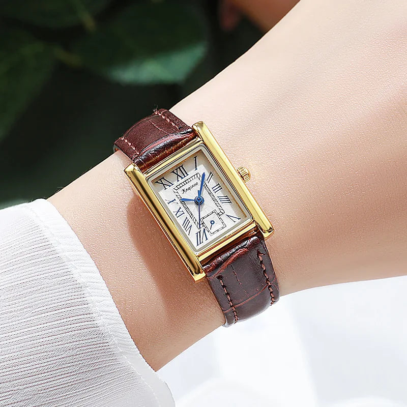 Reloj de cuarzo mujer – esfera rectangular con números romanos, regalo para estudiantes