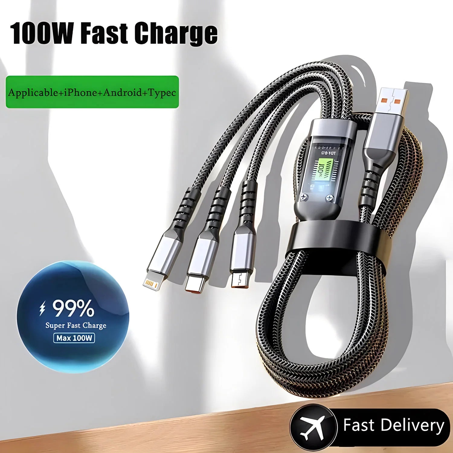 Cable cargador rápido 100W – nylon trenzado 3 en 1 con USB tipo C y micro USB