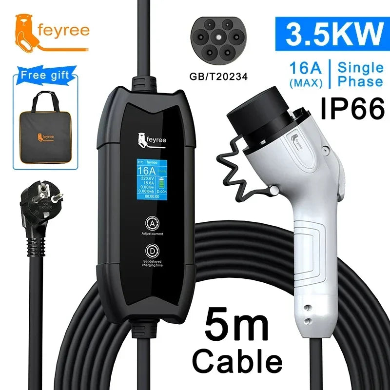 Cargador Feyree EV Tipo 2 16A 3.5kW – cable de 5M compatible GBT y J1772 Tipo 1 para wallbox