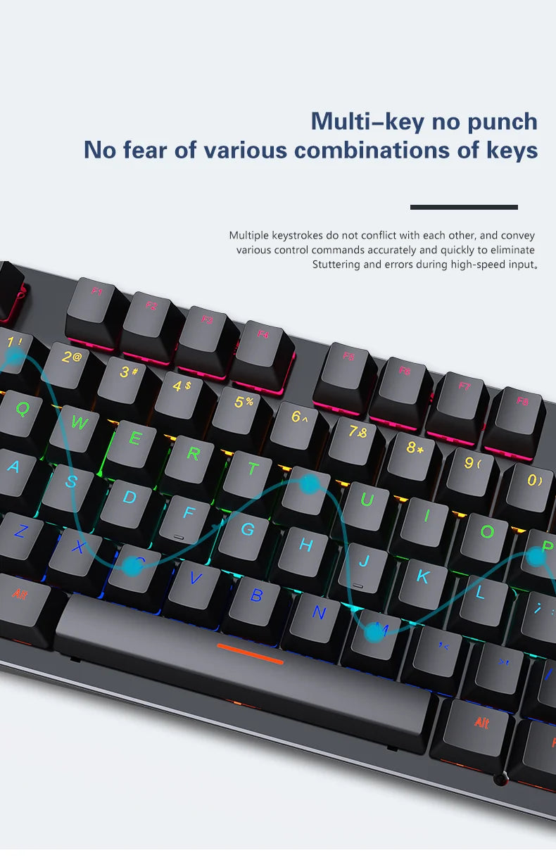 Teclado mecánico gamer retroiluminado – USB, compacto y ergonómico